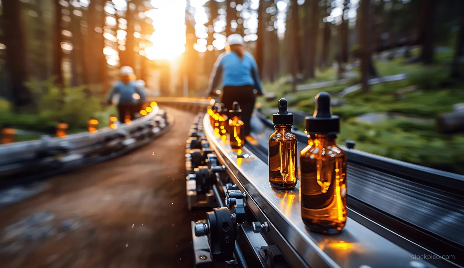 Amber dropper vials sit on a production conveyor line while machinery parts blur in the background.