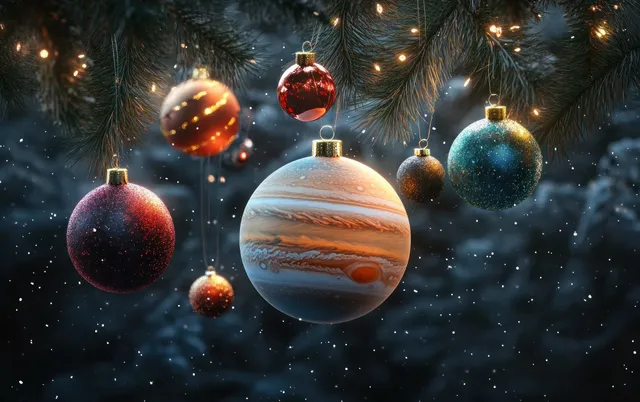 Planets shaped Christmas ornaments hang from pine branches with soft golden lights over a starry space-like background.