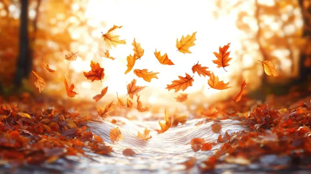 Autumn leaves swirl above a flowing stream on a forest floor covered with orange and yellow leaf litter.