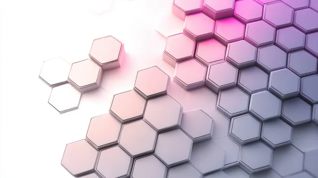 Layered 3D hexagonal blocks form a gradient honeycomb pattern from light pink to purple.