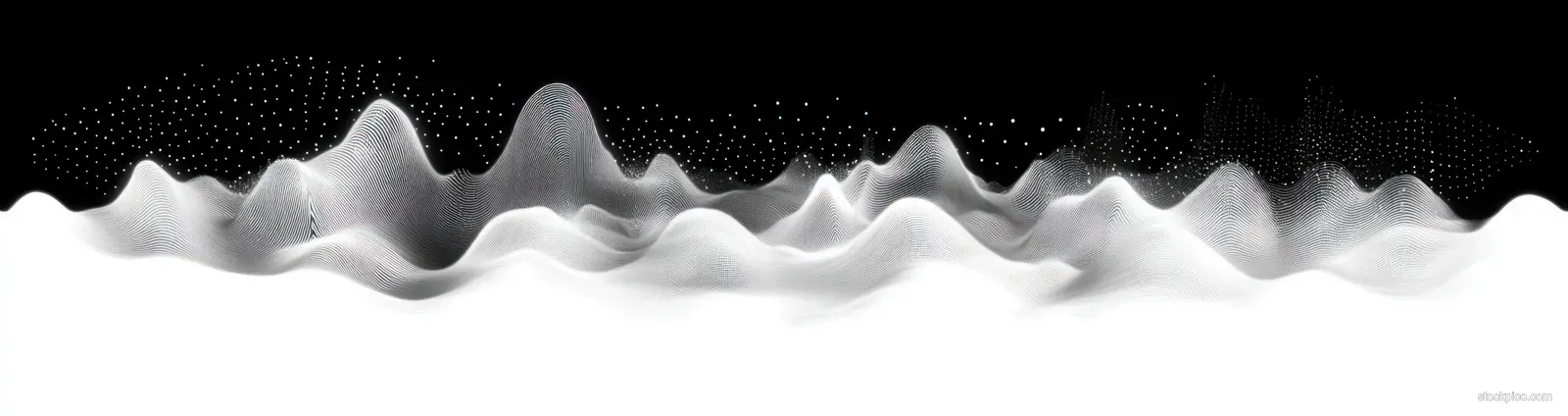 White ripple waveforms and dotted patterns form an abstract digital landscape over a black background.