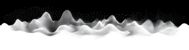 White ripple waveforms and dotted patterns form an abstract digital landscape over a black background.