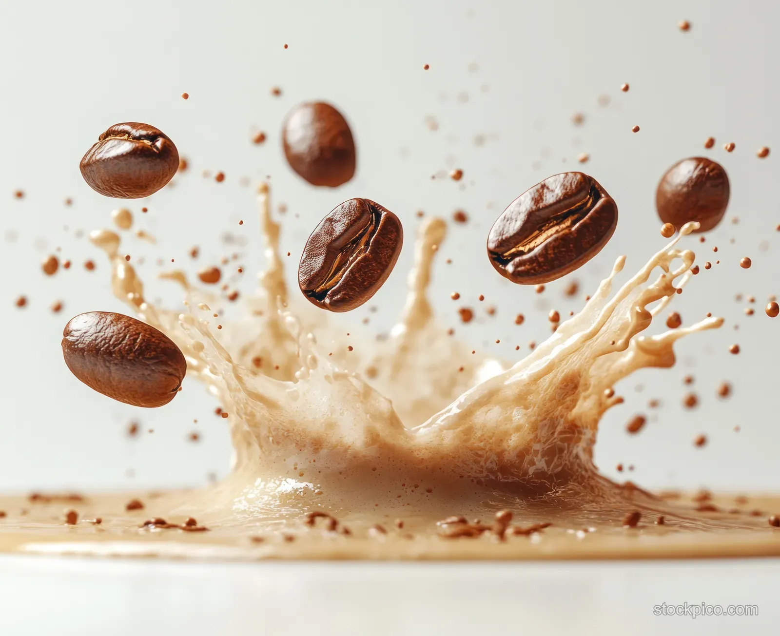 Coffee beans scatter as creamy milk splashes outward on a clean white background.