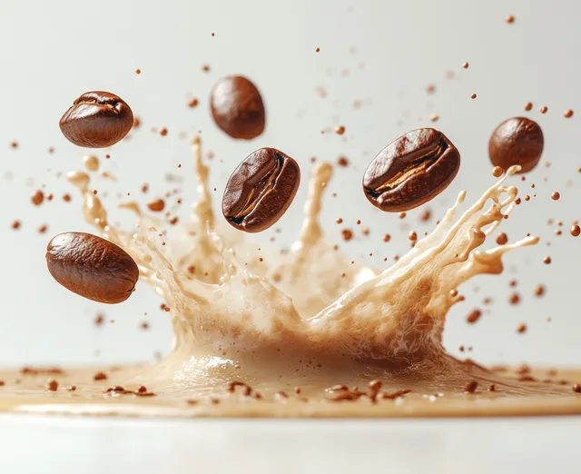 Coffee beans scatter as creamy milk splashes outward on a clean white background.