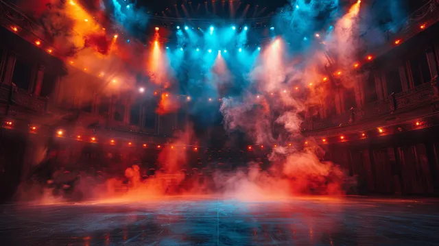 Empty opera house stage with smoky beams, vivid spotlights, and colorful stage curtains