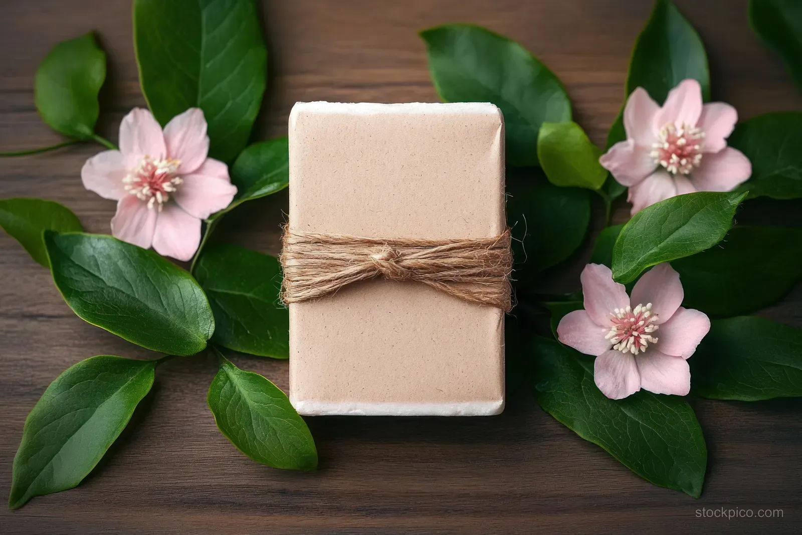 Handmade soap and shampoo bars on kraft paper with pink flowers and green leaves around them.