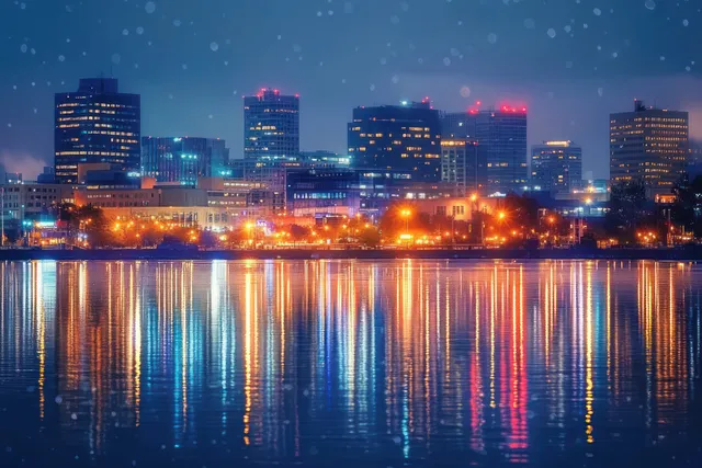 Evansville Indiana skyline at night with glowing buildings reflected on the Ohio River.