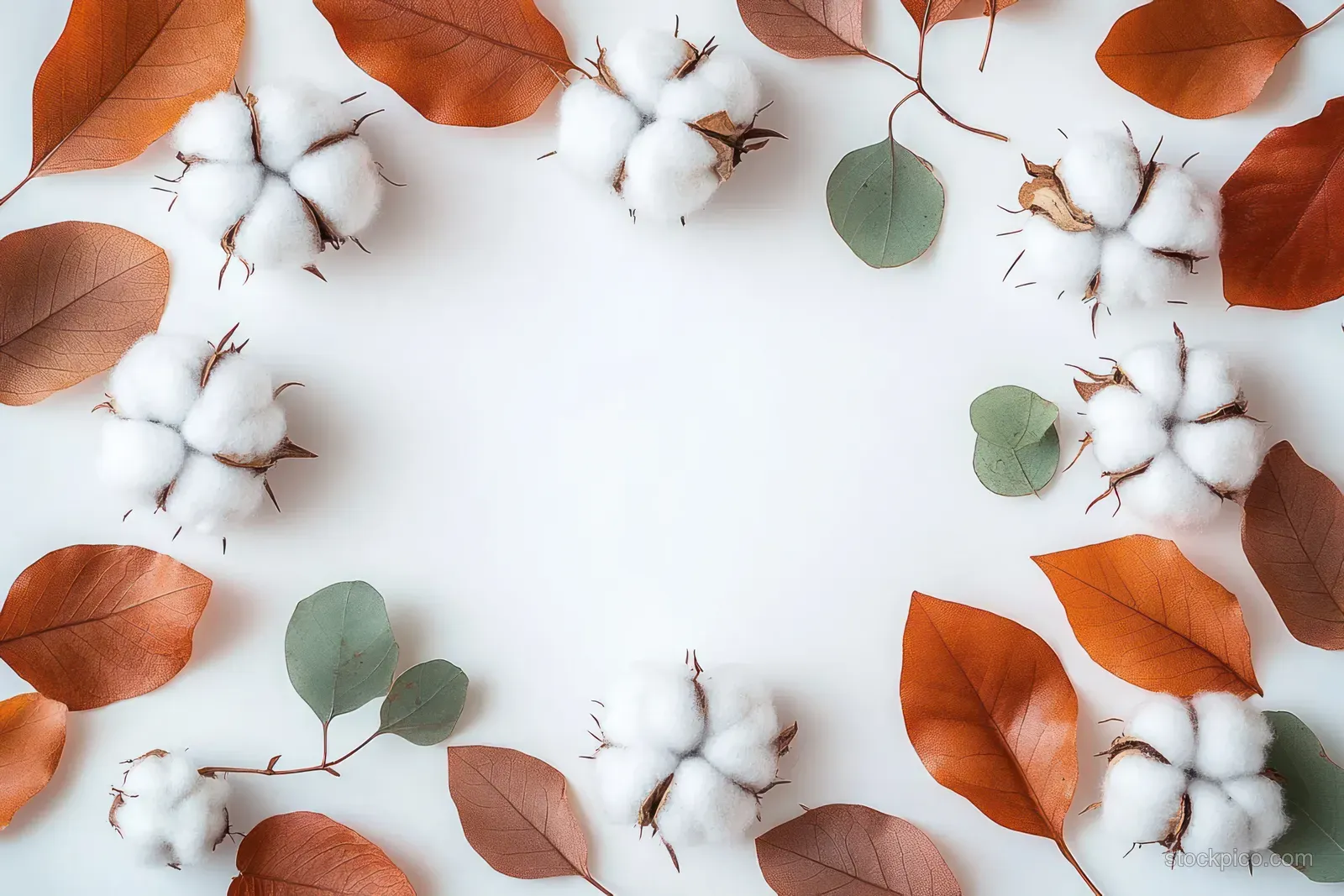 Overhead arrangement of cotton flowers and eucalyptus leaves scattered on a white background in autumn colors.