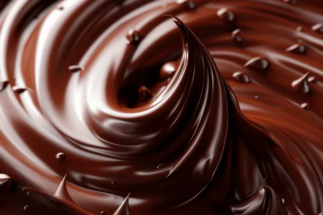 Glossy melted chocolate swirls across a close-up dessert surface with reflective ripples