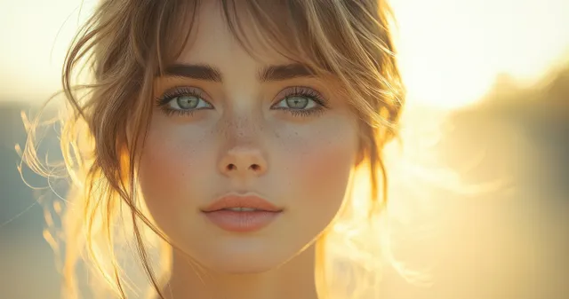 Young woman smiles outdoors in golden-hour sunset light with green eyes and wind-blown hair