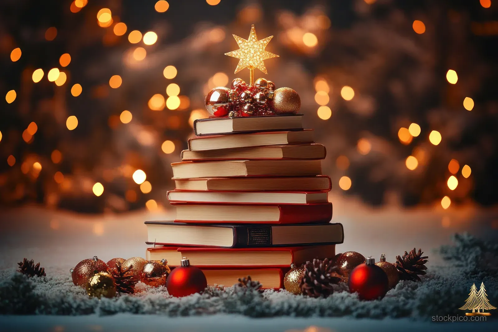 Stacked colorful books form a Christmas tree with a golden star and ornaments on snowy winter ground.