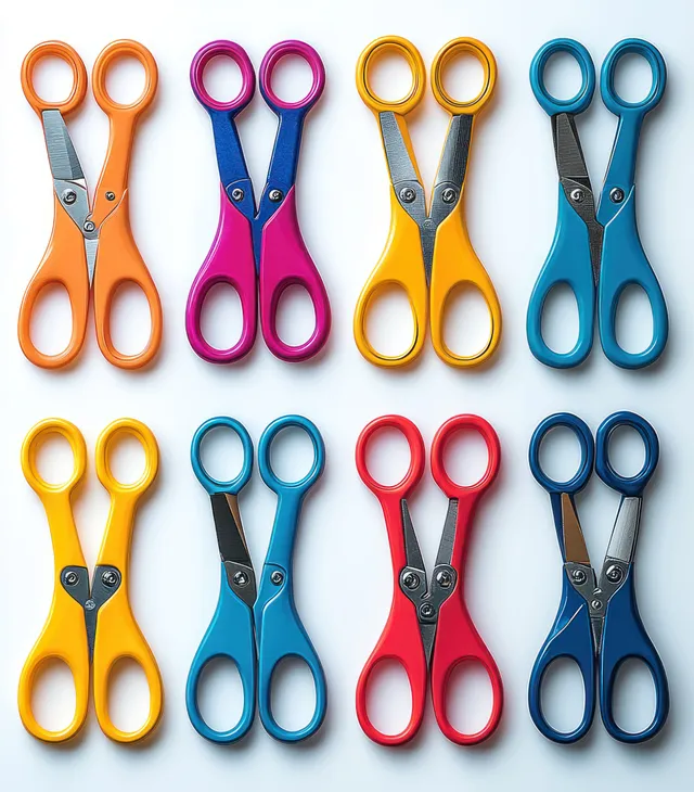 Bright orange, blue, yellow, pink, and red scissors are arranged in a symmetrical grid on a light surface.