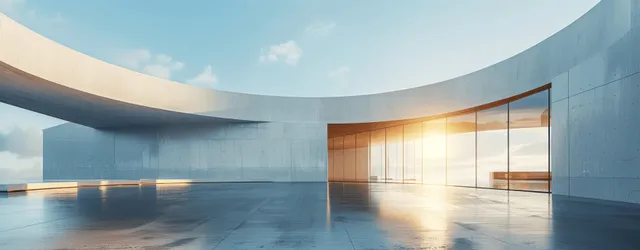 Empty minimalist concrete room with curved walls, sunlit floor, and a distant opening creating deep perspective.