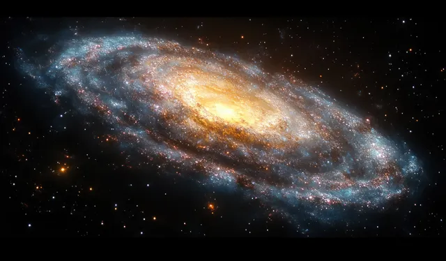 A spiral galaxy with a glowing core and swirling arms appears against a star-filled deep space background.