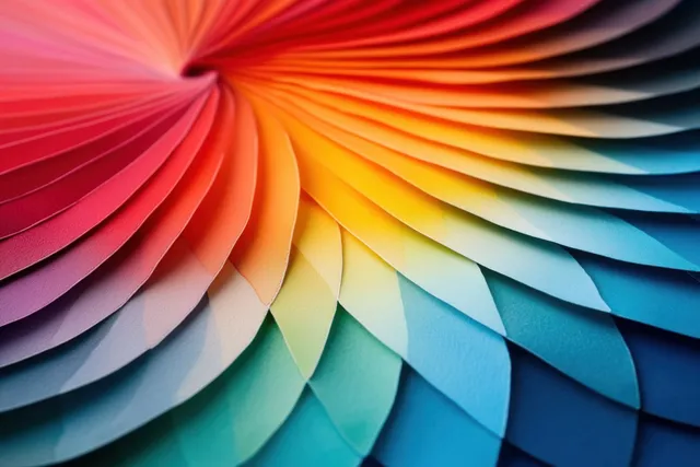 Close-up of layered rainbow paper strips arranged in a circular fan with soft gradient lighting.