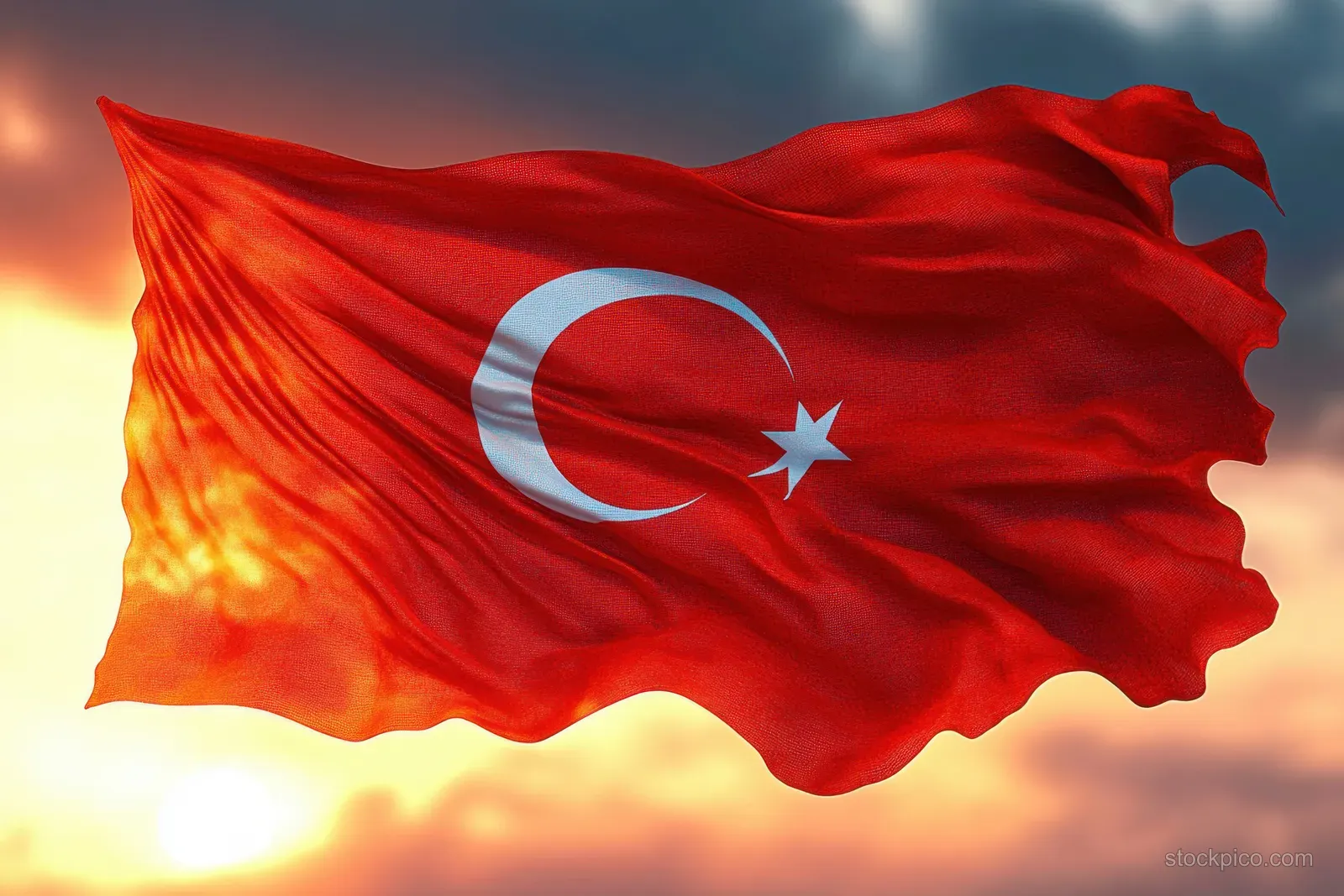 A Turkish red flag with a white star and crescent waves against a glowing sunset sky and clouds.