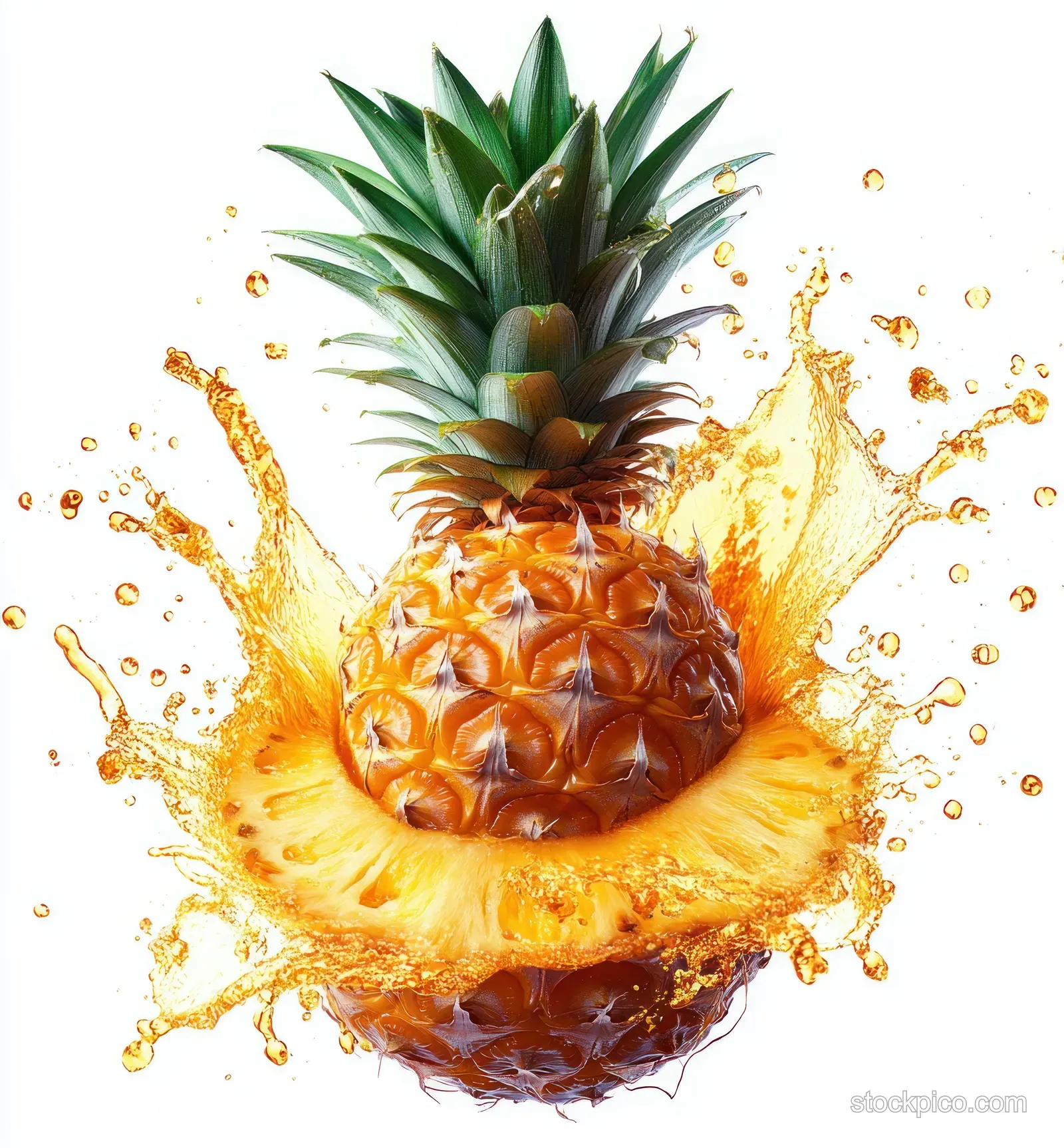Pineapple cut in half with orange juice splashing around against a white background.