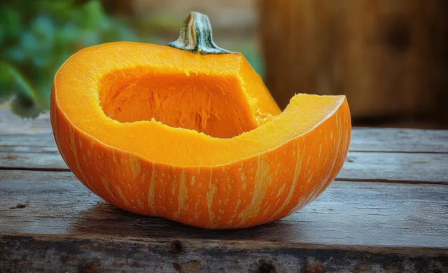 Hollowed Pumpkin with Lid on Weathered Wooden Table in Sunlight
