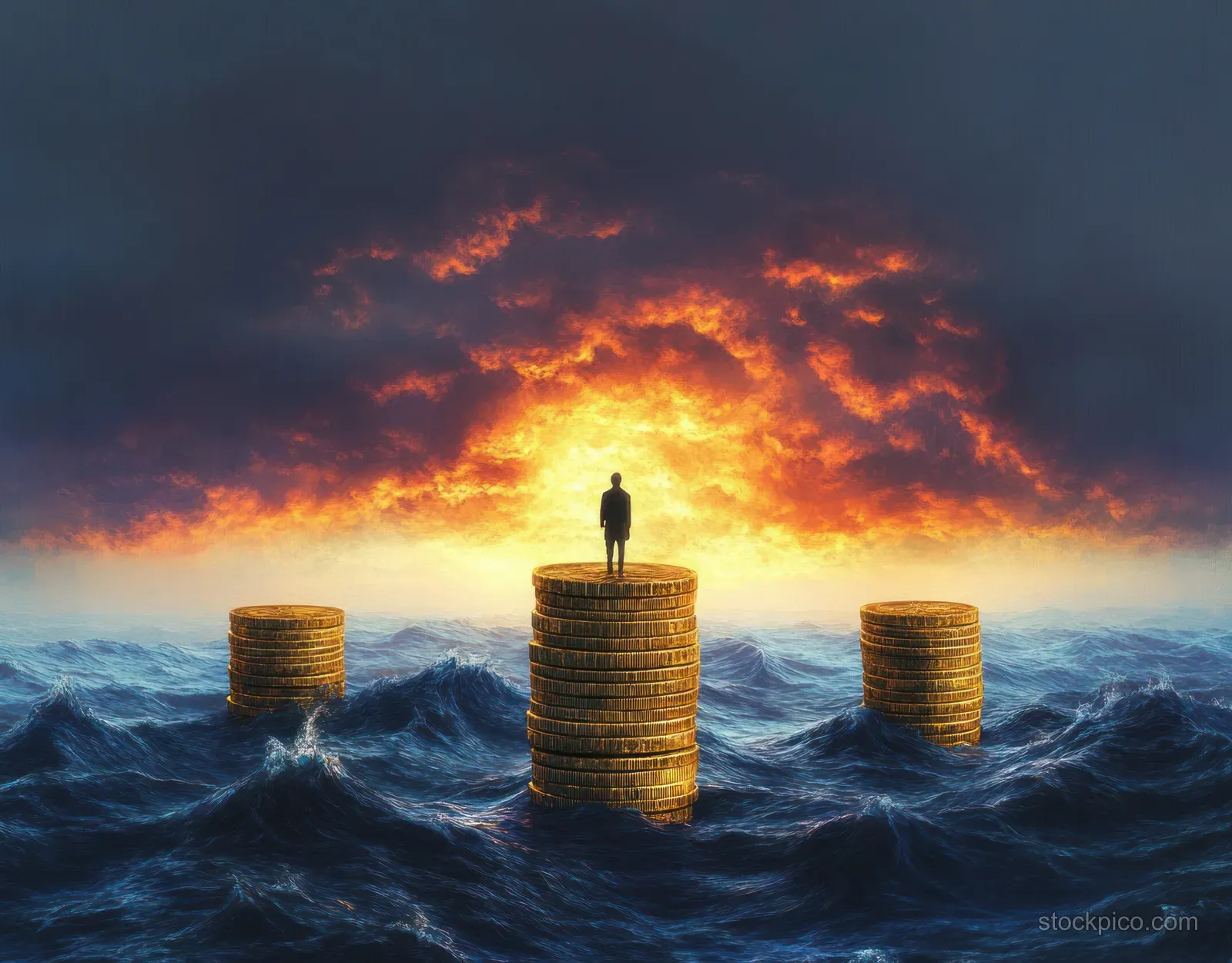 A lone silhouette stands on stacked gold coins in rough ocean waves beneath a fiery sunset sky.