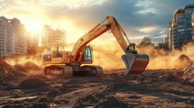 Large excavator digging in a dusty construction site as sunrise illuminates city buildings