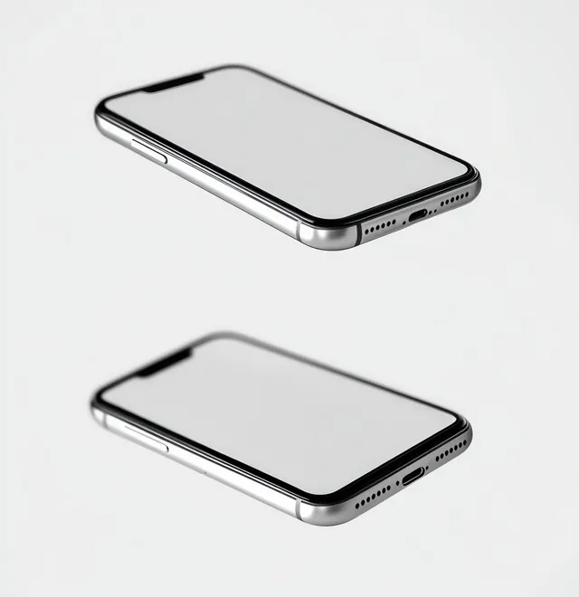 Two sleek smartphones with blank screens floating on plain white background