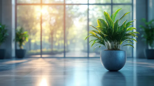A potted plant sits on the floor beside large office windows with warm sunlight.
