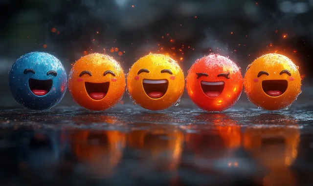 Five glowing emoji faces with speech bubble icons on dark reflective background