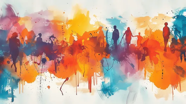 Watercolor silhouettes of a united crowd with colorful splashes and drips in the background.