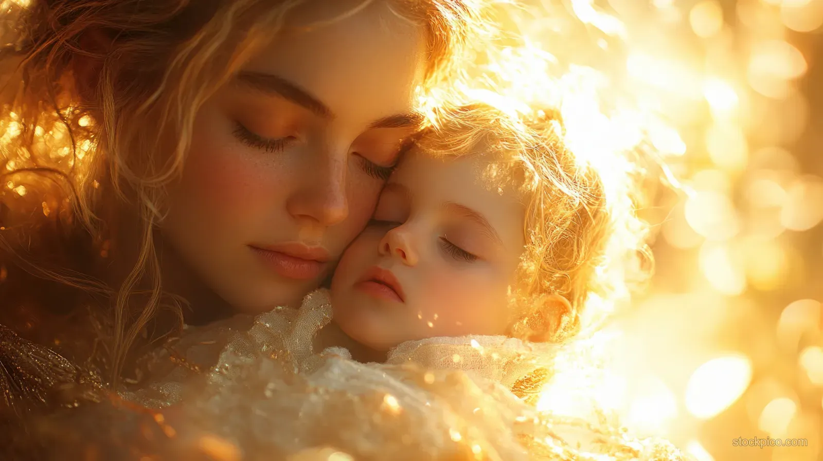 Jesus holds a child in warm golden light with soft halo glow in a reverent religious painting scene.