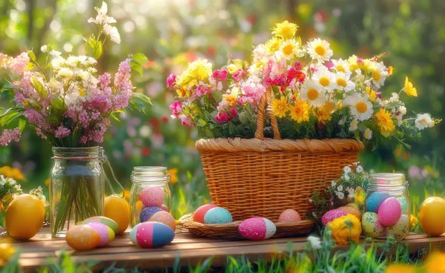 Colorful Easter eggs and fresh wildflowers sit on a picnic table under soft natural spring light.