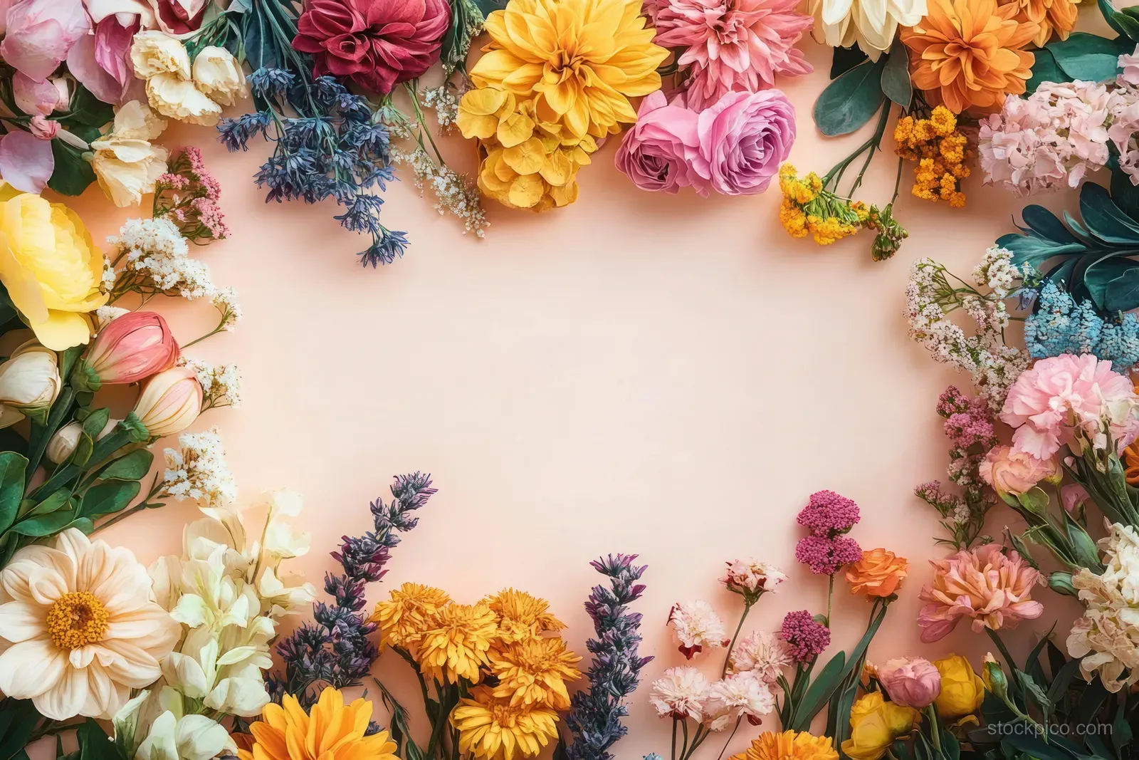 Top-down view of colorful autumn flowers arranged in a circular wreath on a pastel beige background.