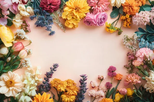Autumn floral bouquet arranged in a circular frame on pastel beige flat lay