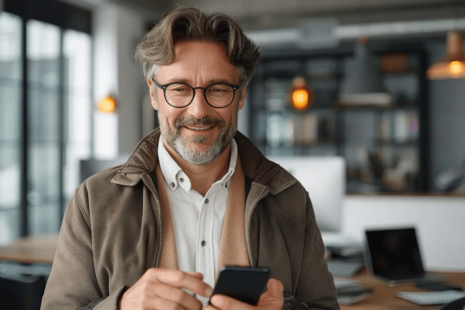 Smiling mature businessman in a modern office holds a smartphone and payment card while using a business app.