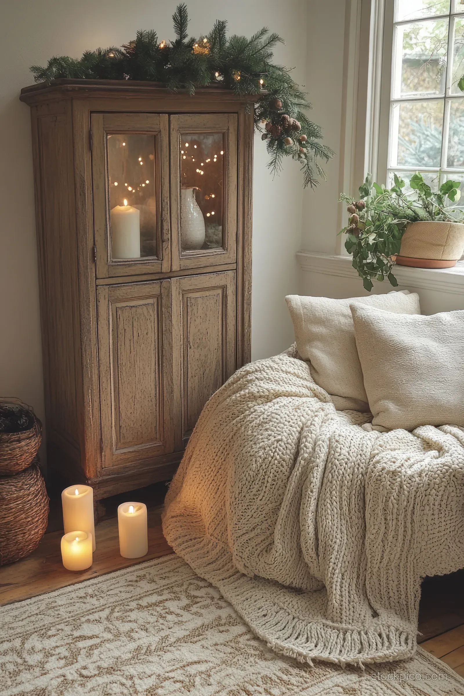 Cozy Christmas living room with a wood cabinet holding evergreen garland and candles casting warm light on a sofa.