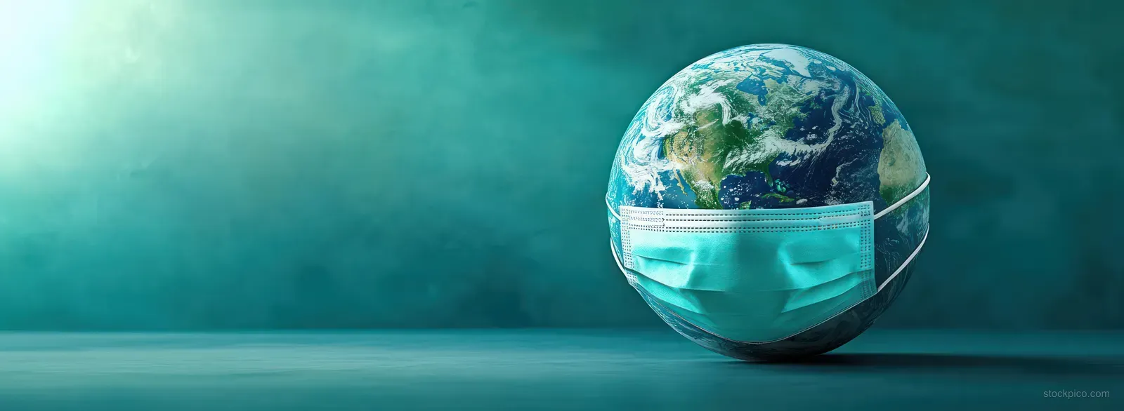Earth wearing a teal medical mask sits on a dark teal background with soft surreal lighting.