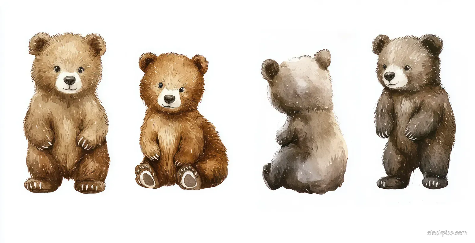 Four cute grizzly bear watercolor characters stand against a light background with soft textured fur.