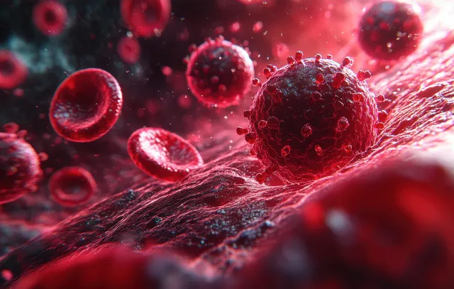 Glowing cancer cell spheres float among red blood cells in a microscopic blood vessel view.