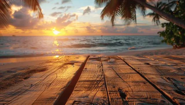 Empty wooden table overlooking a blurred beach cafe at sunset