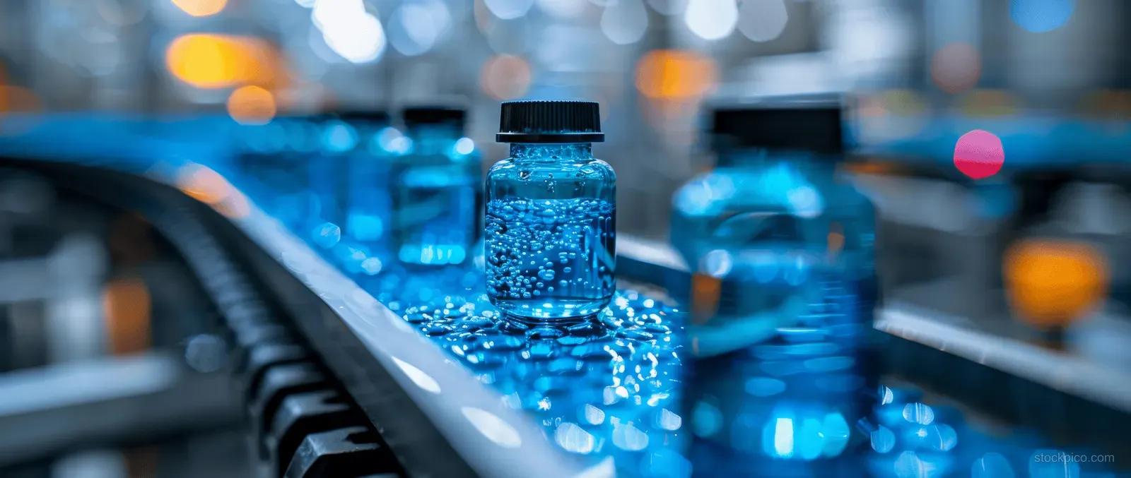 Transparent medical vials move along an automated filling line inside a blue-lit pharmaceutical production room.