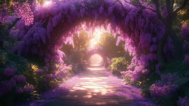 A glowing path disappears through an arch of blooming purple wisteria and lilacs under misty sun rays.