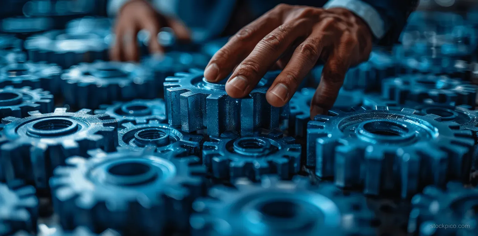 A hand places metal gears on a blueprint among other interlocking cogs in cool blue lighting.