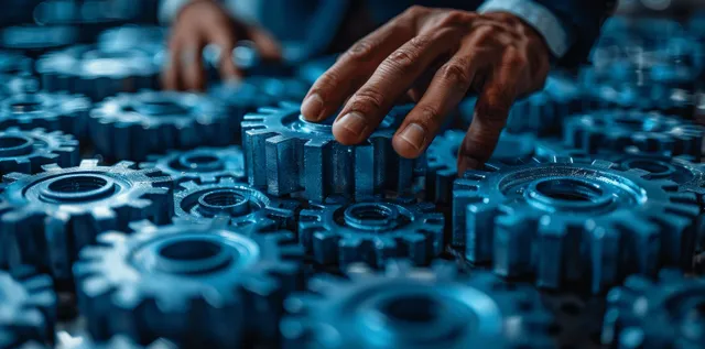 Hands placing metal gears on a blueprint, teamwork for smoother business operations