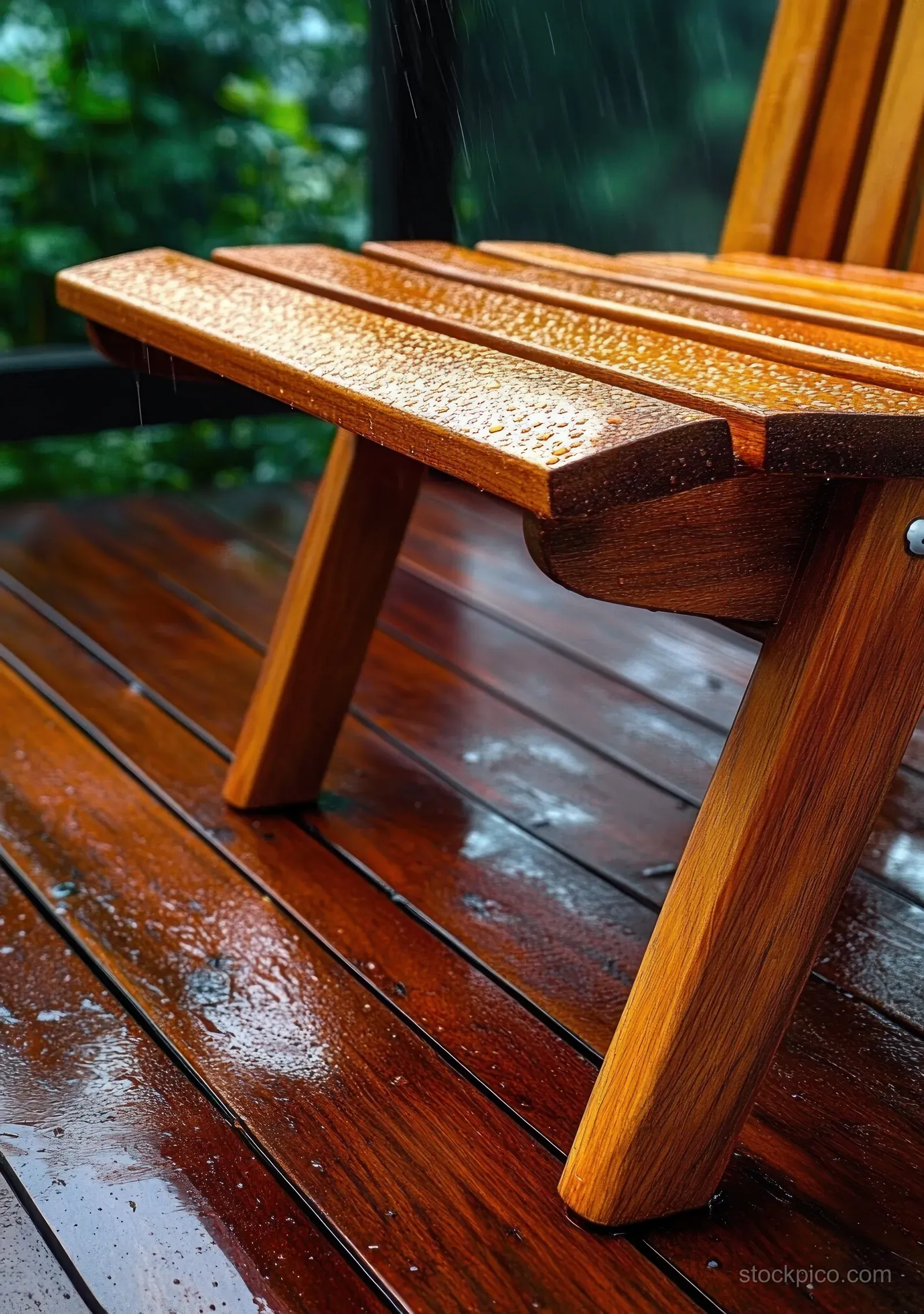 Wooden chair legs stand on a wet deck with water reflections and visible wood grain in warm daylight.