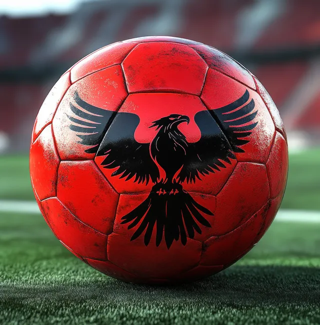 Red soccer ball with a black eagle emblem resting on green stadium grass with blurred stadium seating behind it.