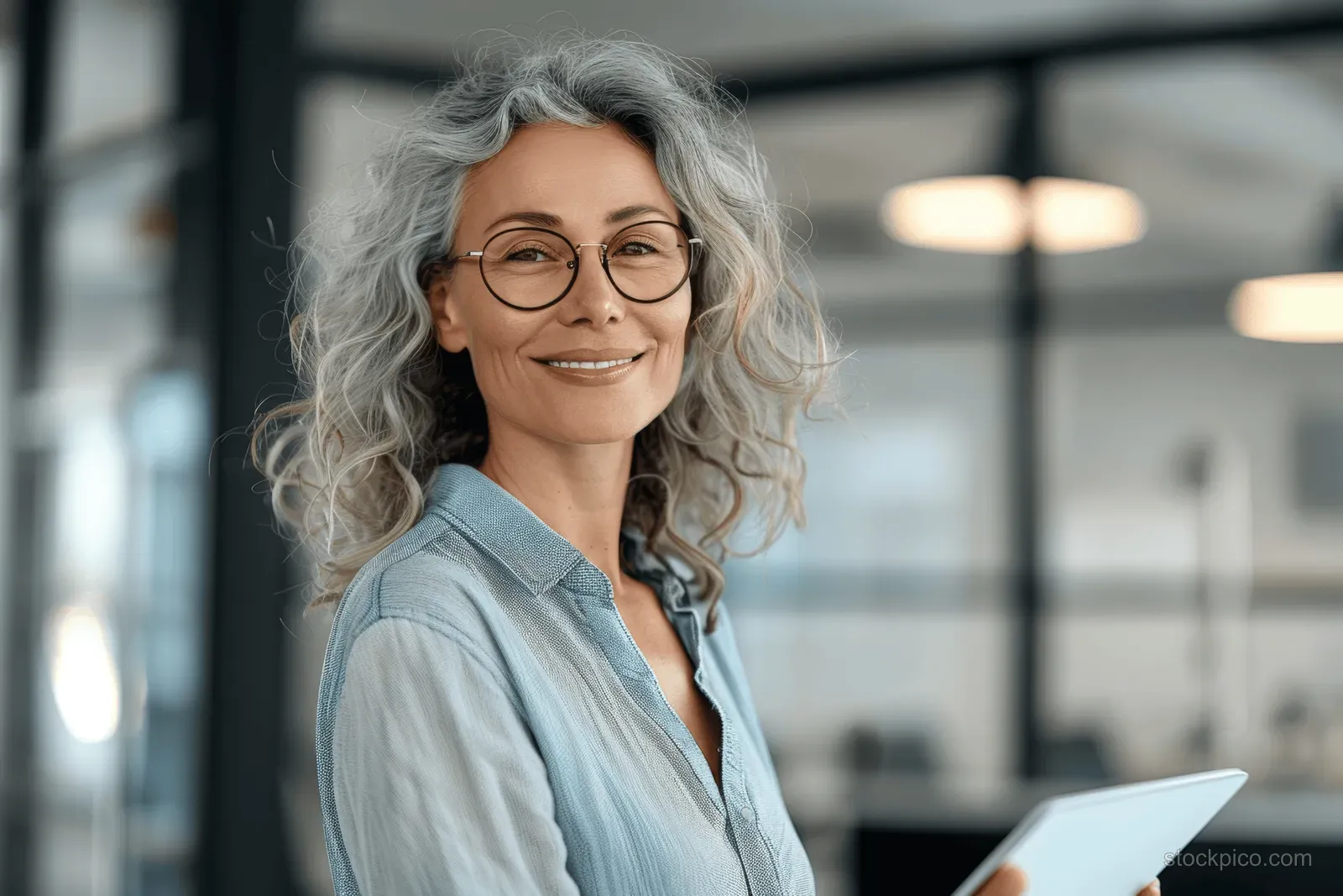 Smiling mature businesswoman with gray curly hair and glasses holds a tablet beside a laptop in a modern office.