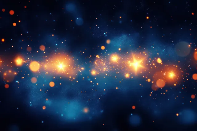 Orange glowing stars and scattered light particles float over a deep blue cosmic background.