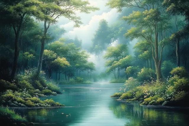A misty river flows through a lush green forest with sunlit trees and reflections on calm water.