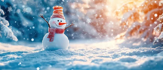A playful snowman headstand pose in a snowy forest with sunlight and falling snowflakes.