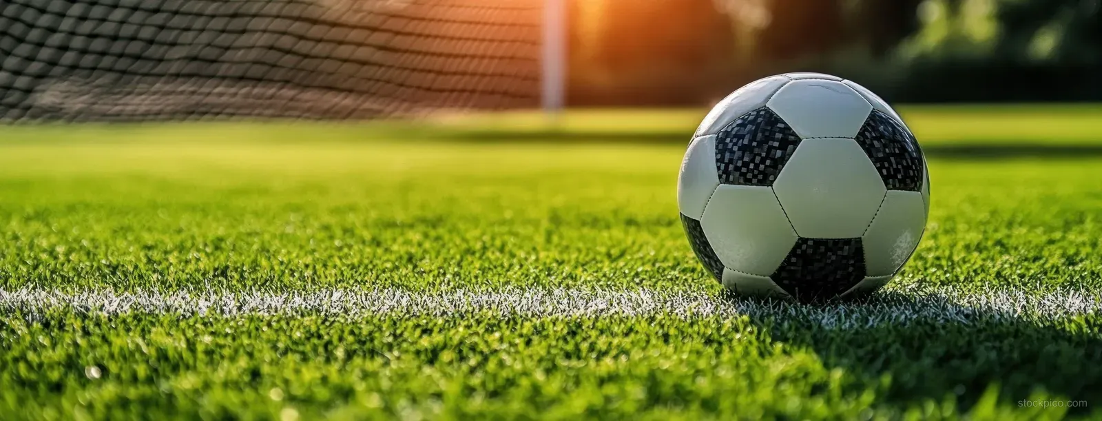 A black and white soccer ball sits on green grass beside a white goal line with a goal net under sunset light.