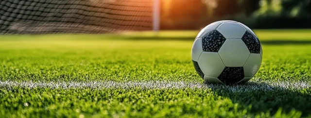 A black and white soccer ball sits on green grass beside a white goal line with a goal net under sunset light.